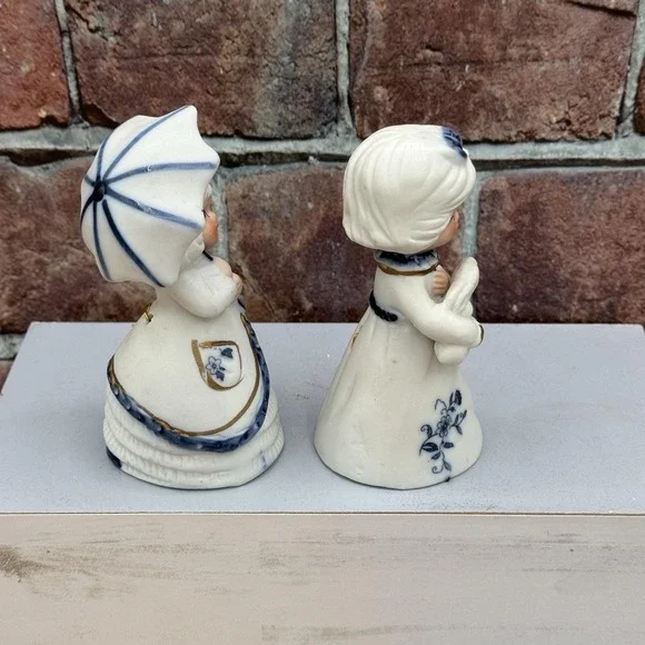 Vintage Jasco Bells Girls Women Set of 2 White Blue Porcelain Royal Majestic - Picture 6 of 7